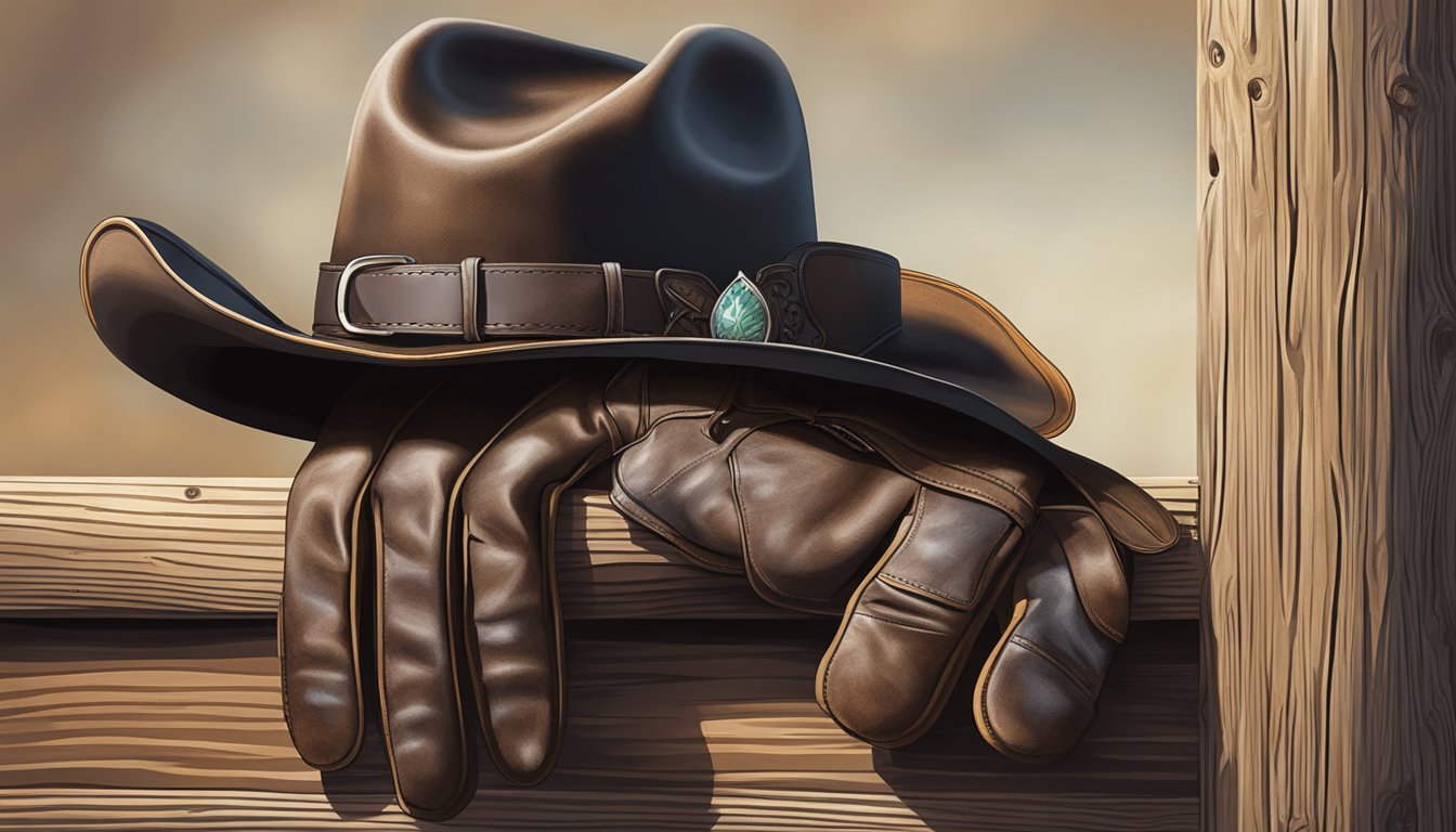 A cowboy hat and a pair of worn leather gloves resting on a wooden fence post