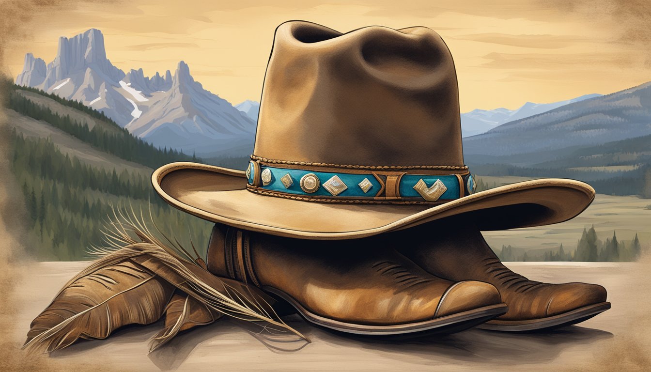 A rugged cowboy hat and a pair of well-worn cowboy boots, both adorned with the iconic Yellowstone brand, set against a backdrop of the majestic Wyoming mountains