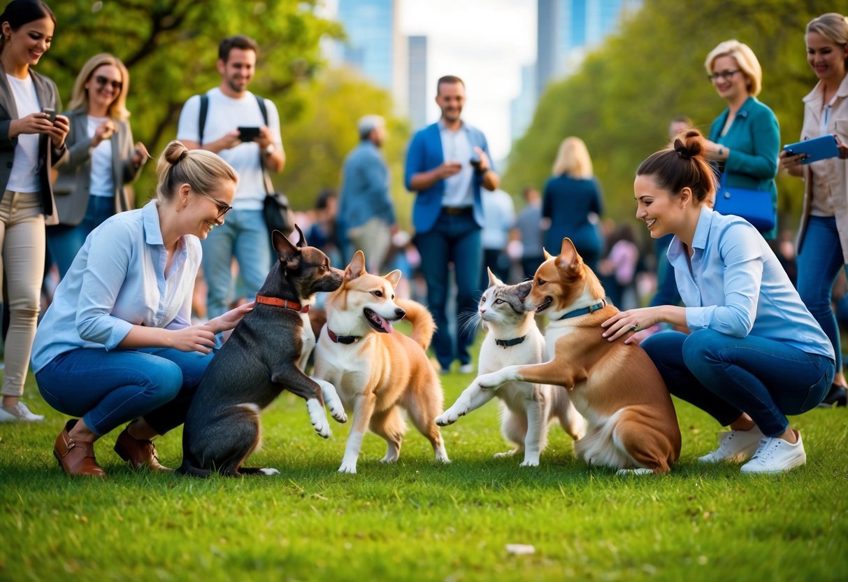 A group of dogs and cats playfully interact in a bustling city park, surrounded by people showing equal love and attention to both animals