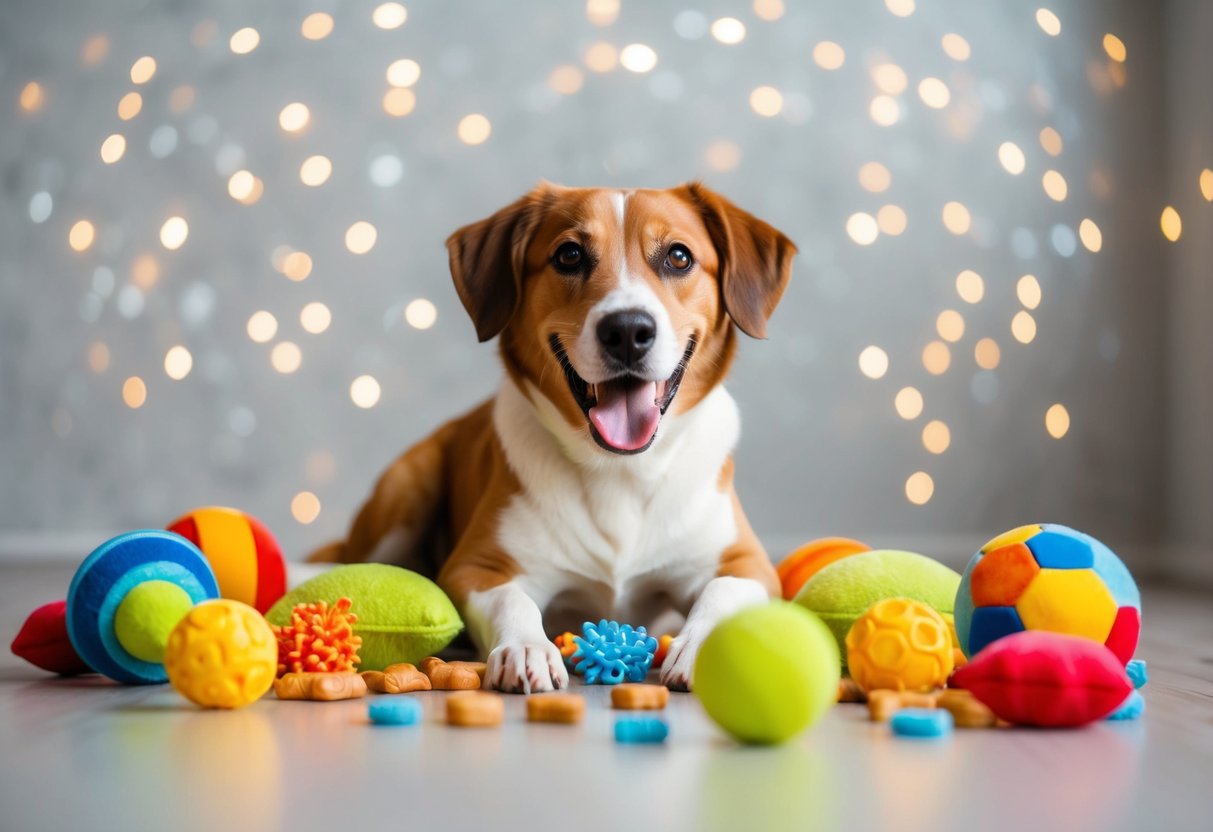 A happy dog surrounded by toys and treats, responding to the call of its name