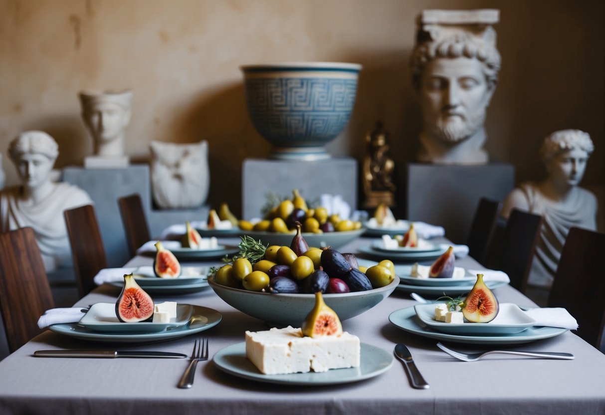 A Greek-inspired table set with olives, feta cheese, and figs, surrounded by ancient Greek pottery and statues