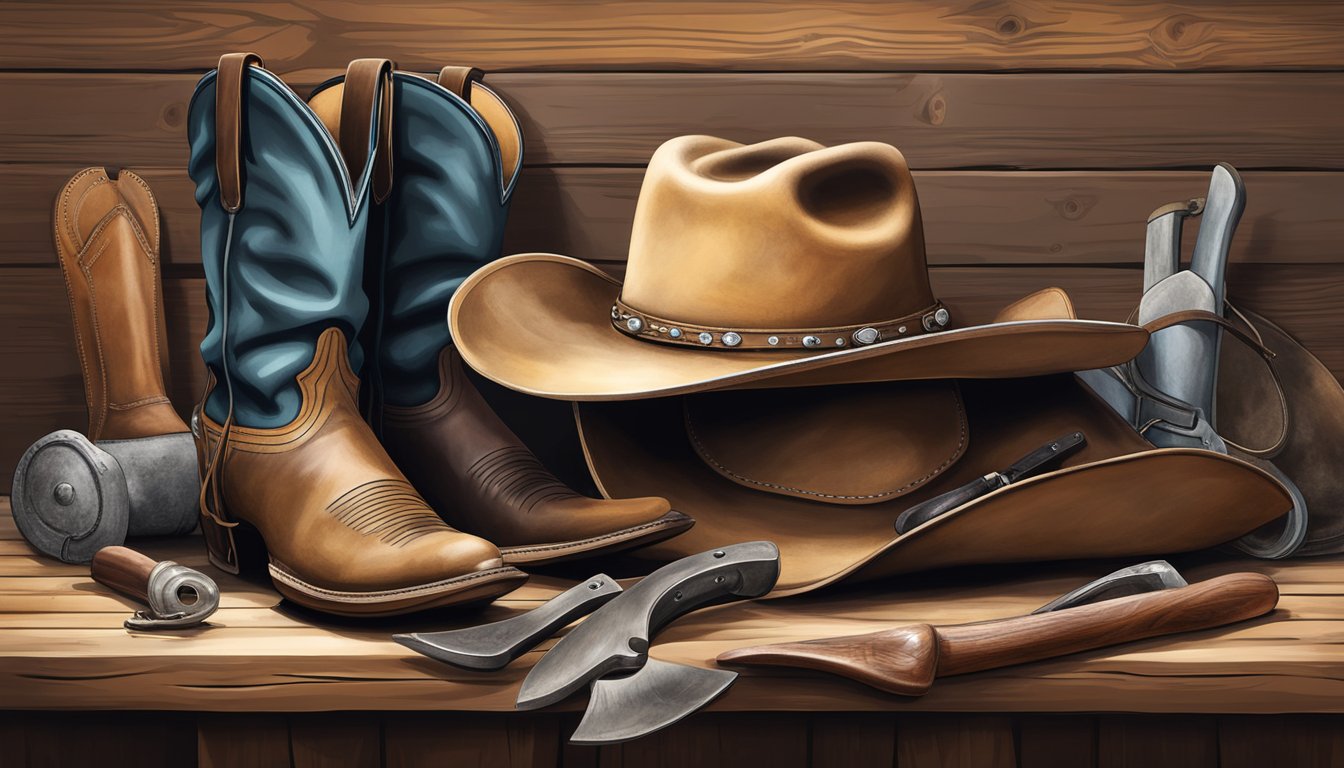 A rugged cowboy hat and weathered boots sit next to a worn saddle, surrounded by the tools of a ranch hand's trade