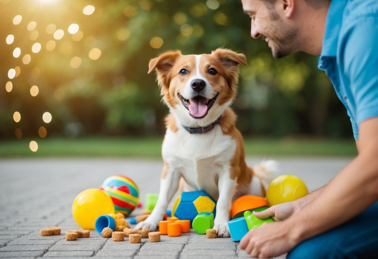 A happy dog surrounded by toys and treats, responding to its name being called by its owner