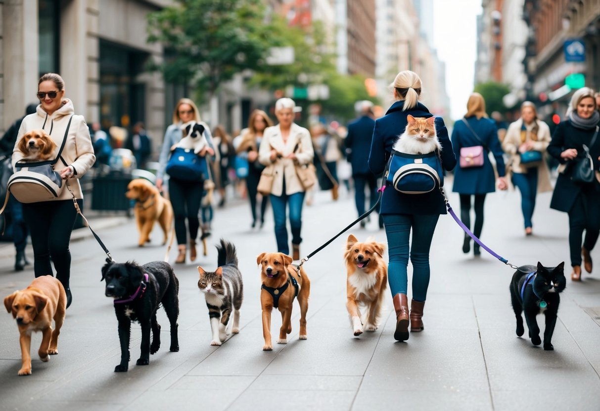 A bustling city street with dogs and cats of various breeds and sizes being walked on leashes or carried in trendy pet carriers