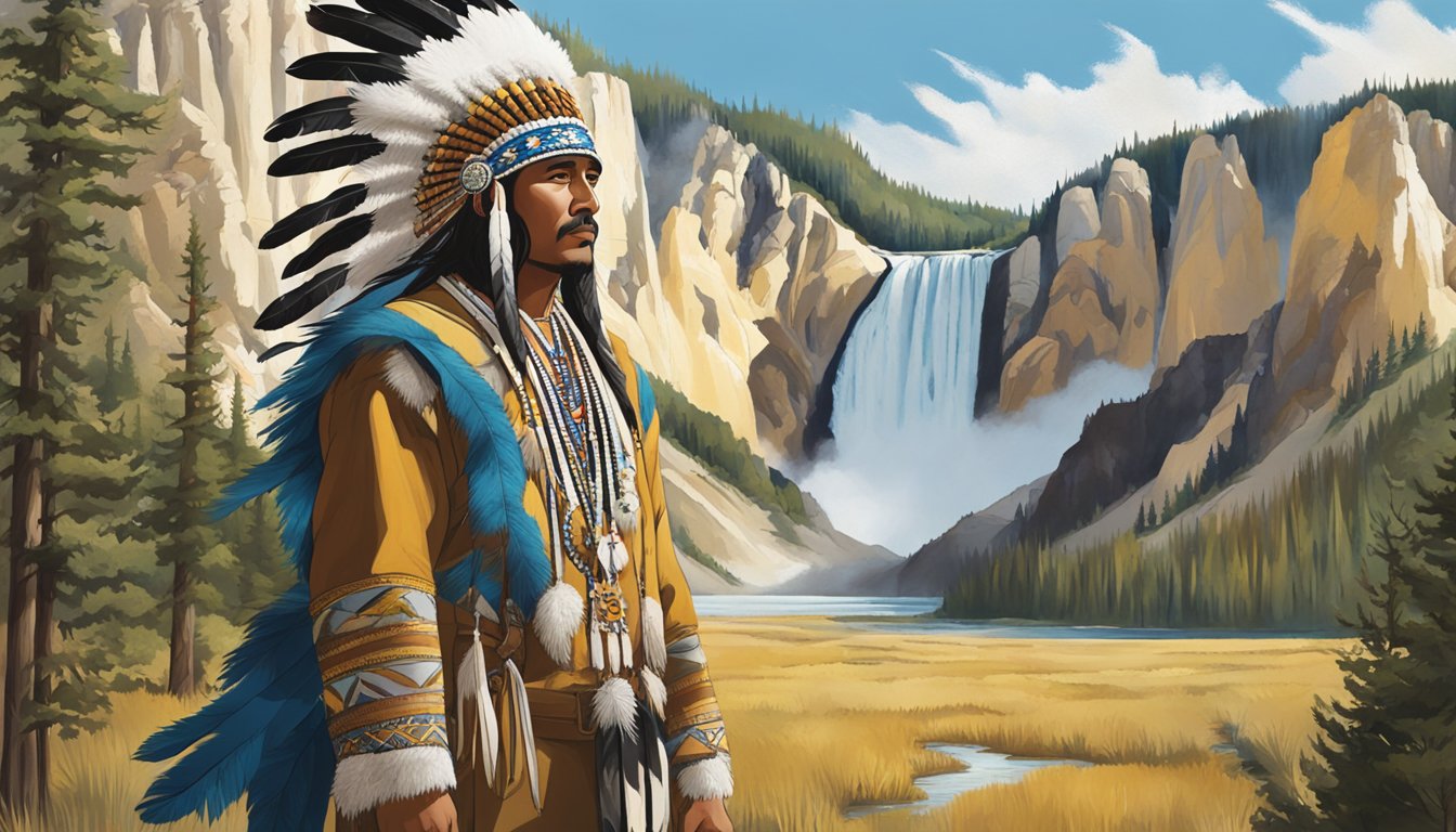 Mo stands proudly in traditional Native American regalia, adorned with feathers and intricate beadwork. He stands in front of a backdrop of the majestic Yellowstone National Park, symbolizing his deep connection to both his cultural heritage and the natural world