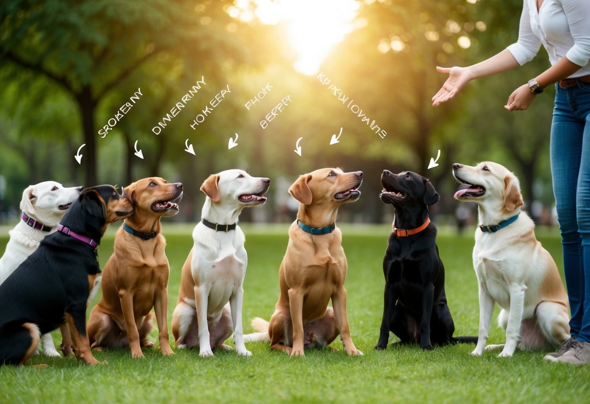 A group of dogs gathered in a park, responding to their names being called by their owners
