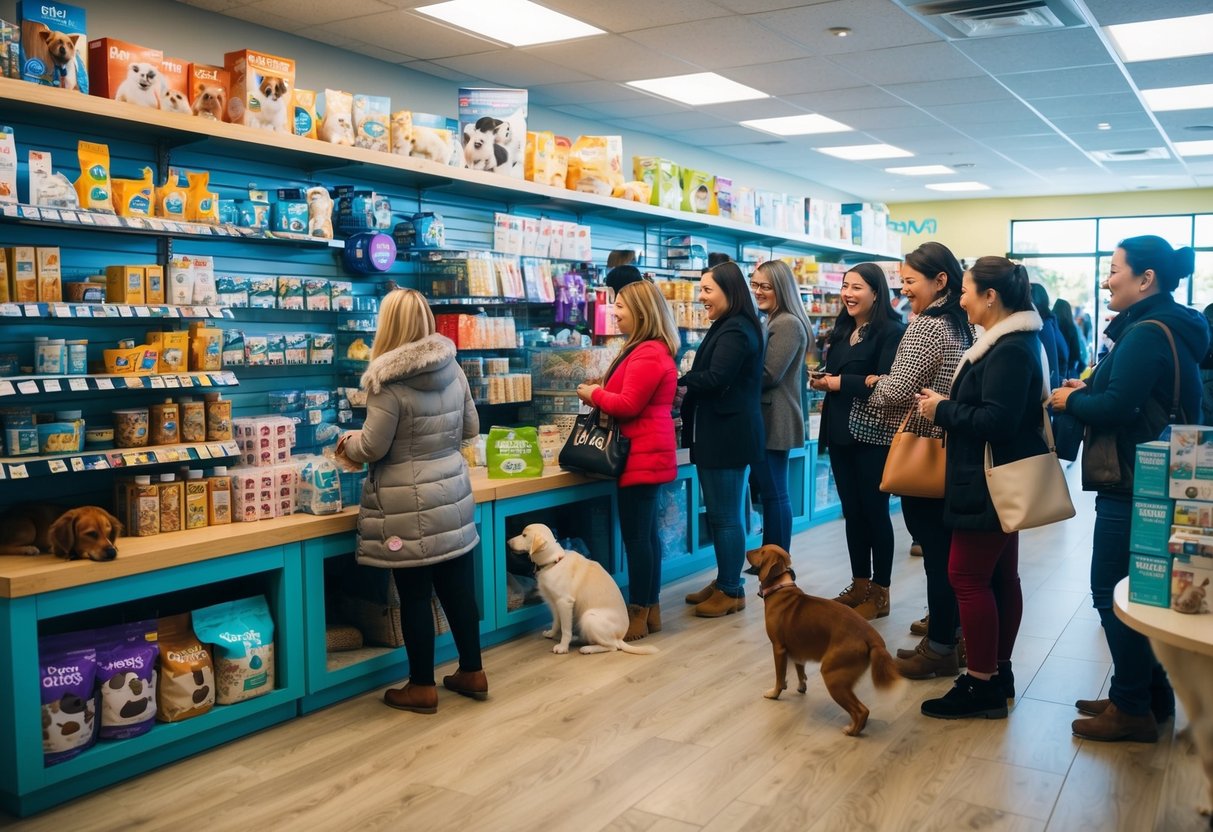 A bustling pet store with a mix of dog and cat products on display, a line of customers eagerly waiting to purchase their favorite pet supplies
