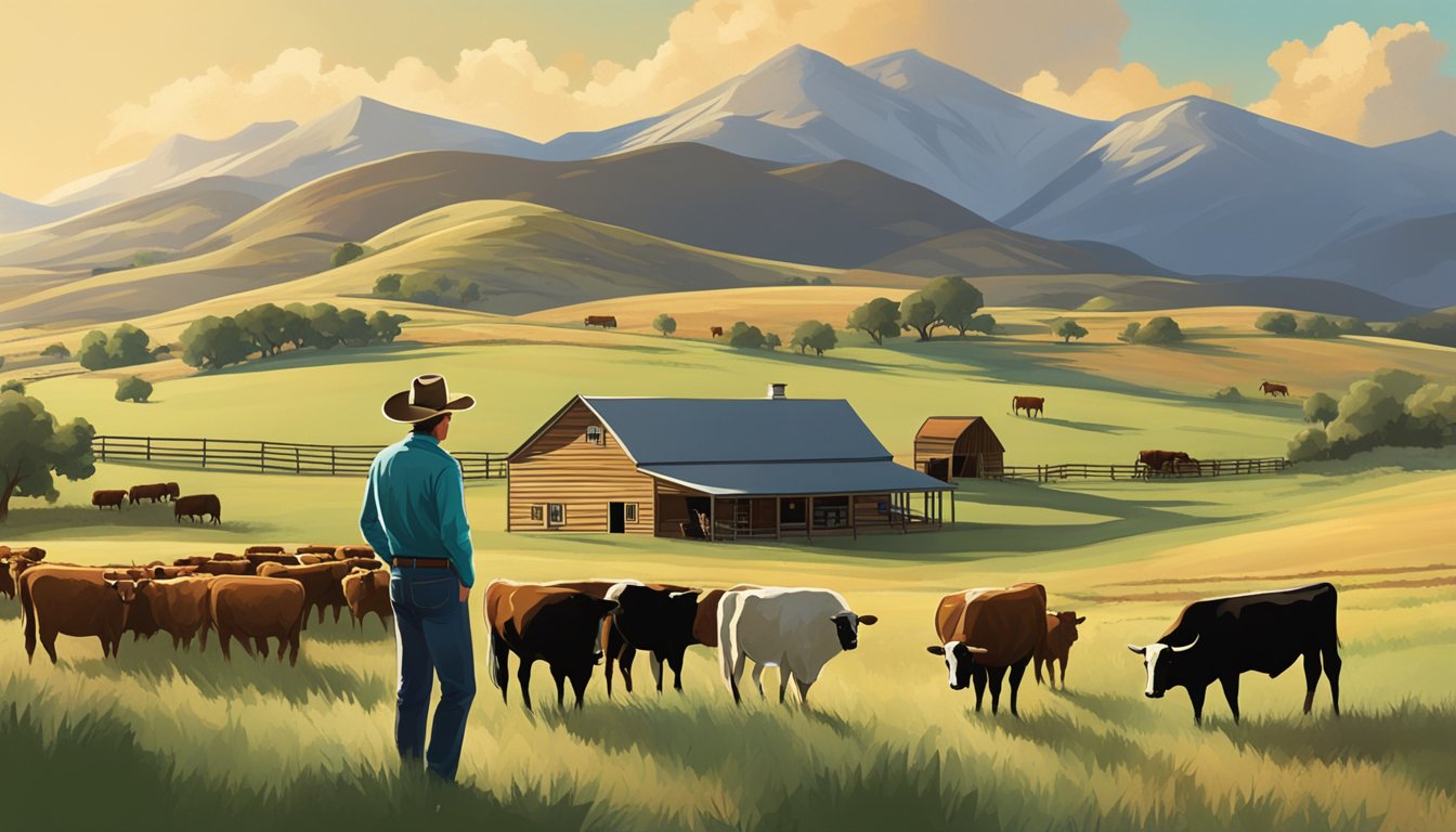 Emmett Walsh standing in front of his ranch, surrounded by rolling hills and grazing cattle under a big sky