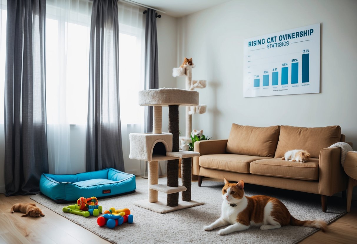 A family room with a dog bed and cat tree, toys scattered on the floor. A chart on the wall shows rising cat ownership statistics