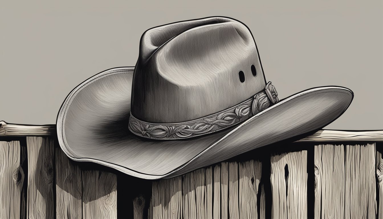 A rugged cowboy hat resting on a weathered wooden fence post, with a pair of well-worn cowboy boots underneath