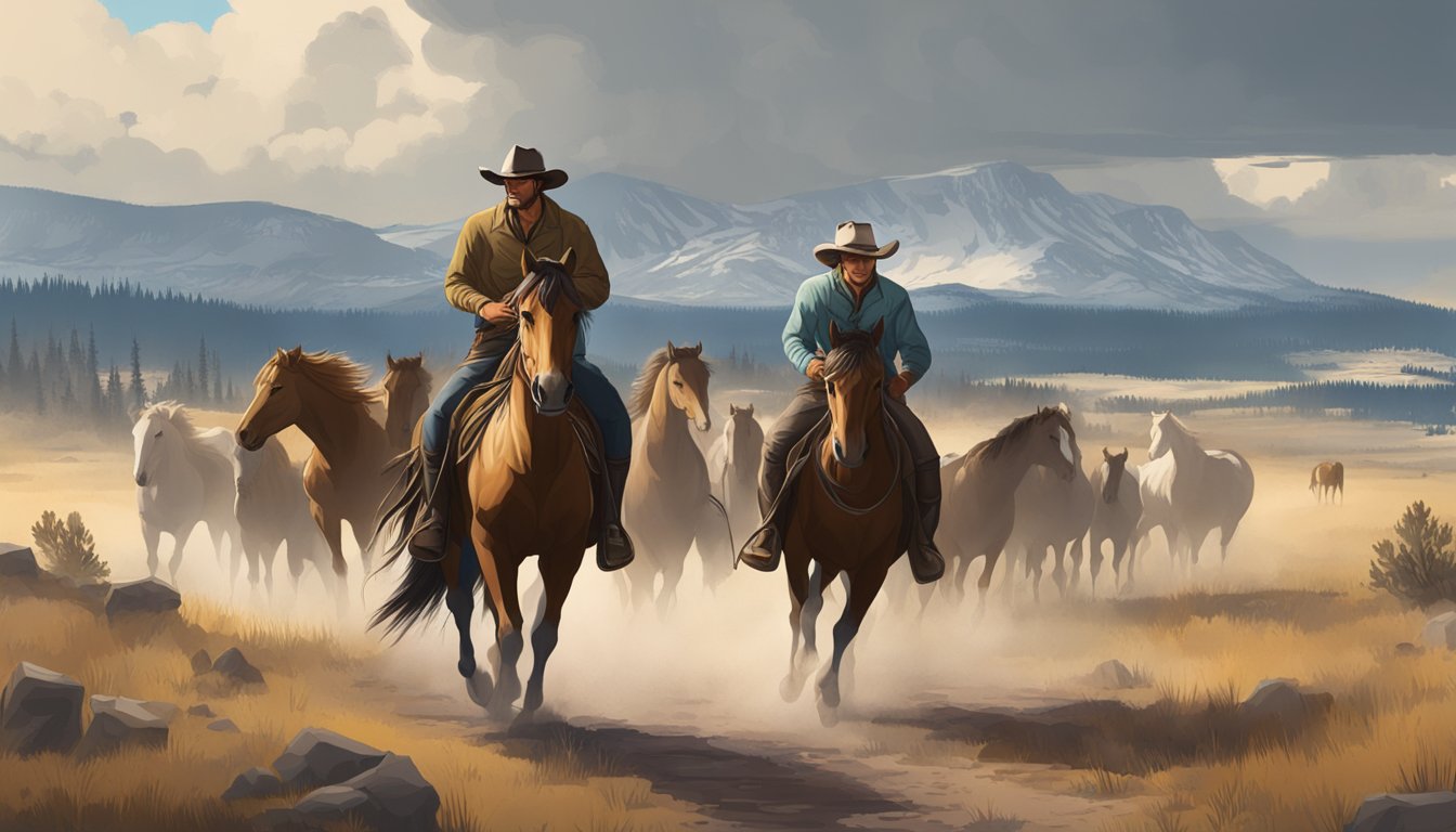 A rugged cowboy with a weathered face stands beside a herd of wild horses, with the iconic Yellowstone landscape in the background