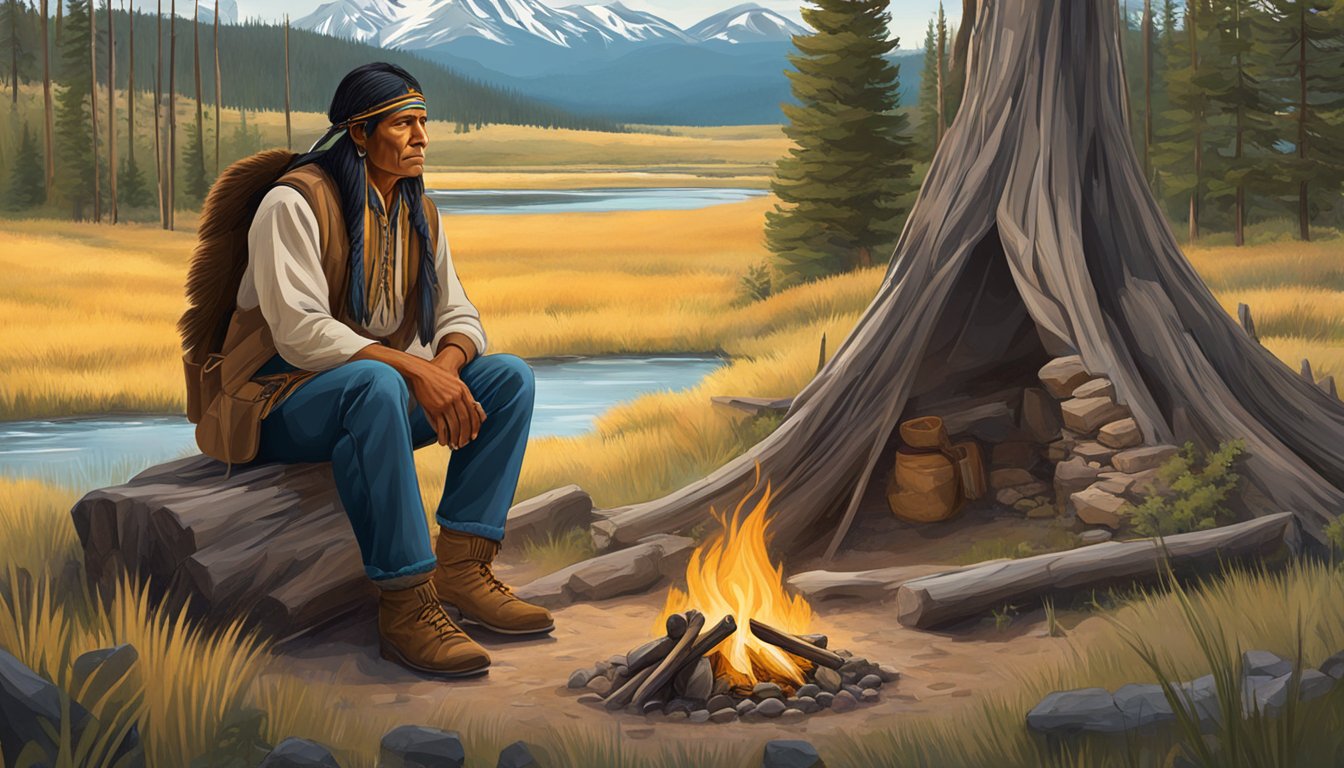 A Native American man sits by a campfire, surrounded by nature and wildlife in Yellowstone National Park