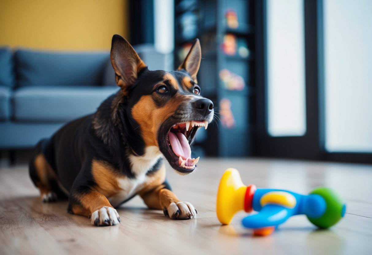A snarling dog with raised hackles and bared teeth, growling at a child's toy left on the floor