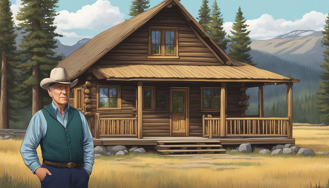 Emmett Walsh stands before a rustic cabin, surrounded by towering pine trees and a sweeping view of the Yellowstone landscape