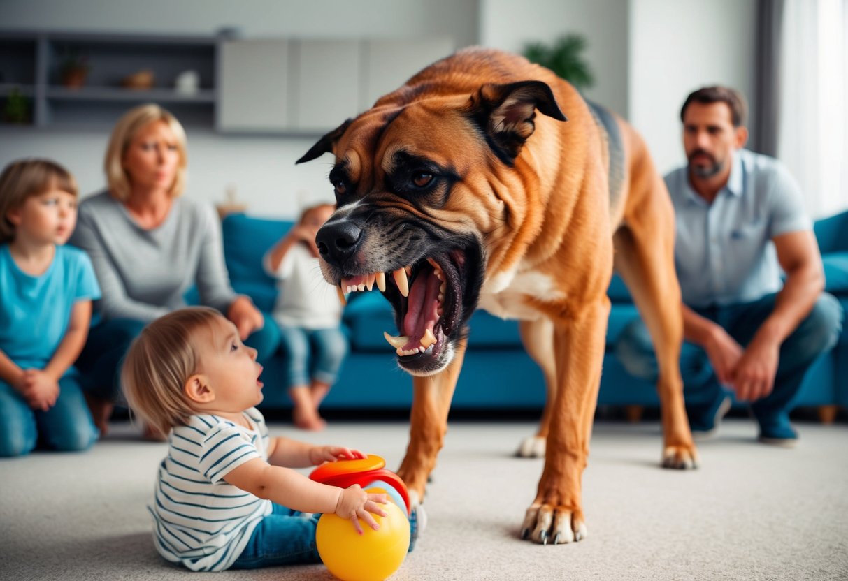 A large, aggressive dog snarling at a child's toy, with bared teeth and raised hackles, while the family looks on in concern