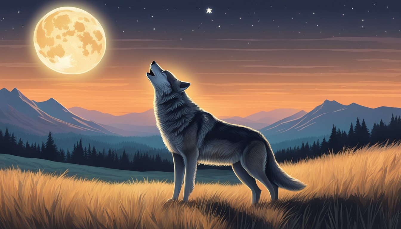 A lone wolf howling at the moon in a vast, open field