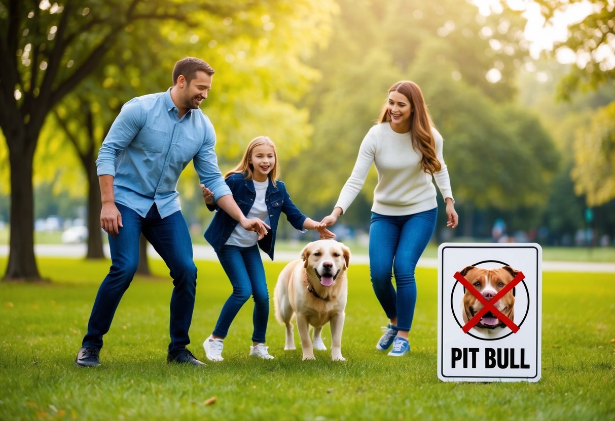 A family playing in a park with a friendly Golden Retriever, while a sign with a crossed-out image of a Pit Bull is displayed nearby