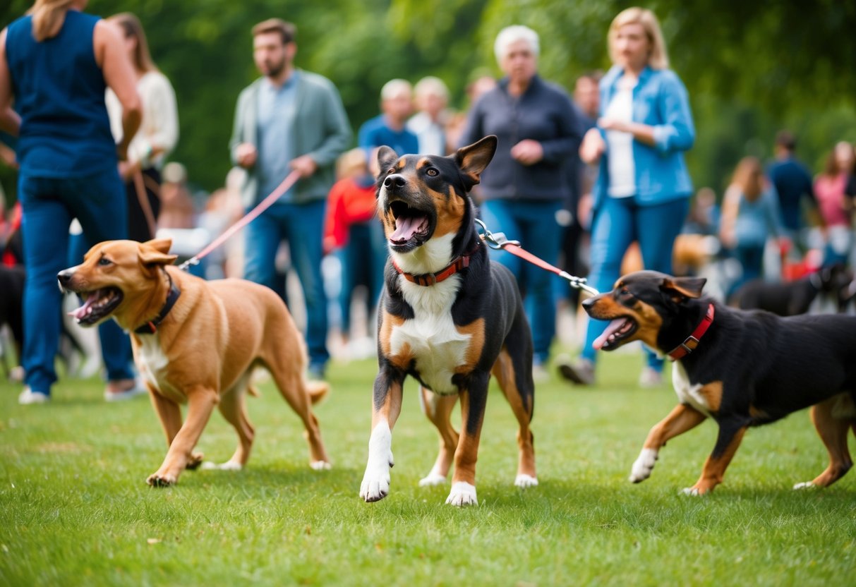A dog barking at strangers, pulling on a leash, and showing signs of aggression towards other dogs at a crowded park