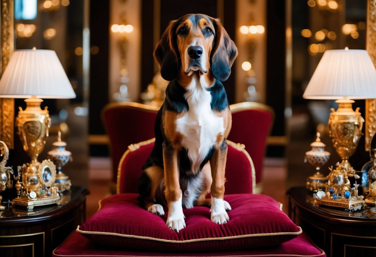A luxurious, regal-looking Afghan Hound stands proudly on a velvet cushion, surrounded by opulent decor and expensive trinkets