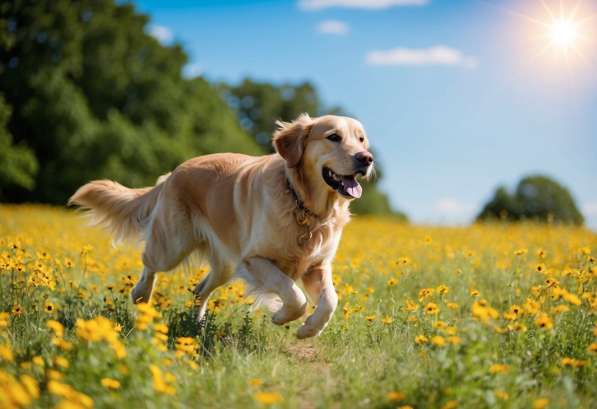 A golden retriever running through a field of wildflowers, with a bright blue sky and a shining sun in the background