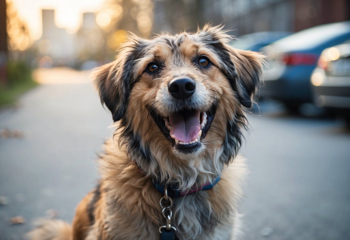 A dog with matted fur and poor dental health, showing signs of neglect and lack of grooming