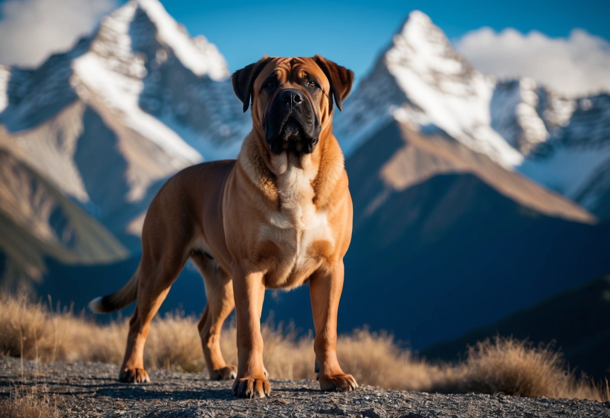 A majestic Tibetan Mastiff stands proudly against a backdrop of mountain peaks, exuding an air of regal elegance and commanding presence