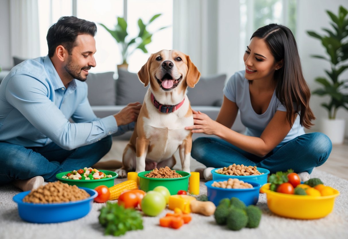 A happy and healthy dog surrounded by a variety of nutritious food and toys, with a caring owner giving them attention and affection