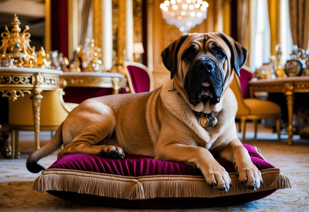 A luxurious, regal-looking Tibetan Mastiff lounging on a velvet cushion in a lavish, ornate room, surrounded by opulent decor and expensive trinkets