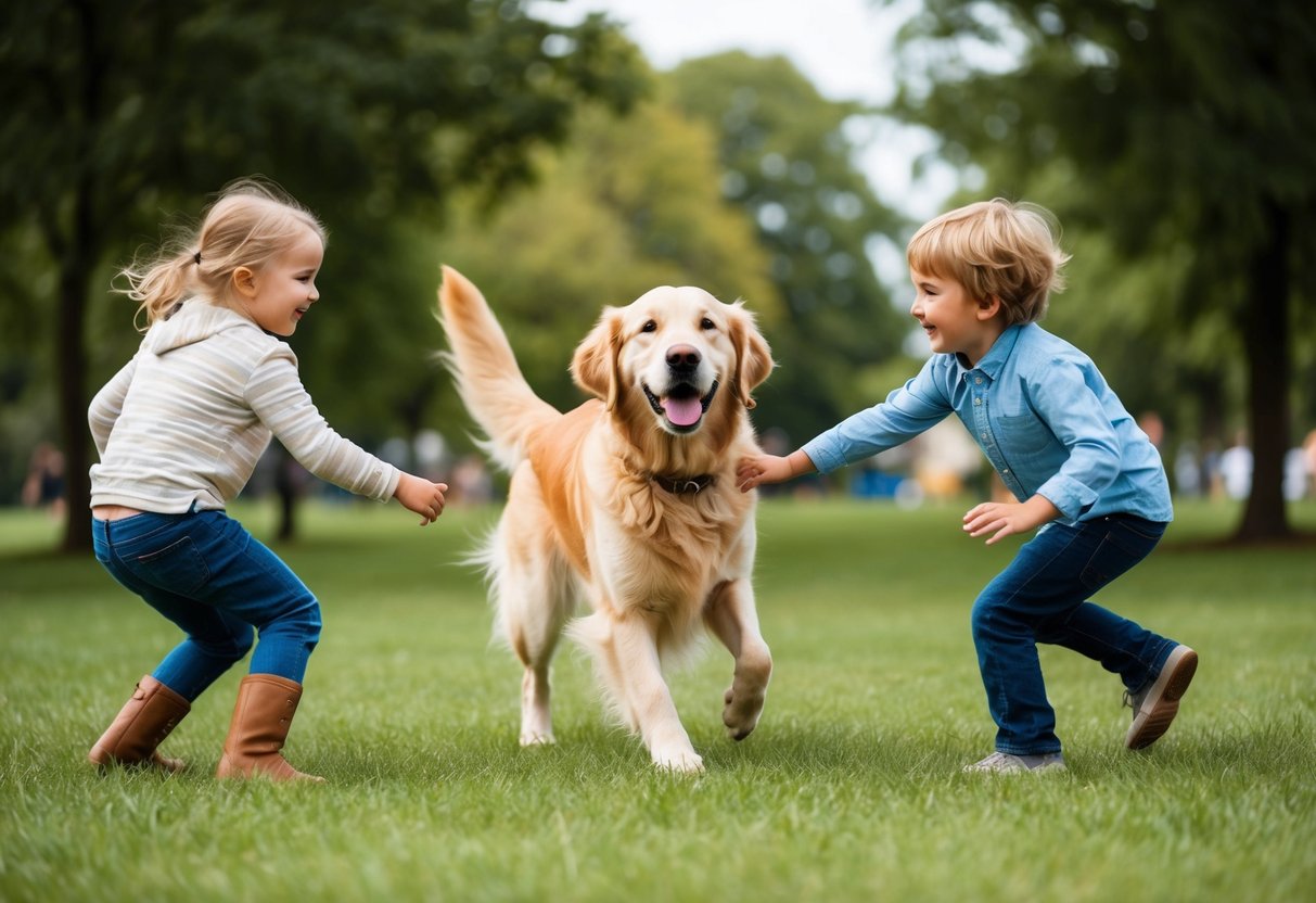 A joyful golden retriever playing with children in a grassy park