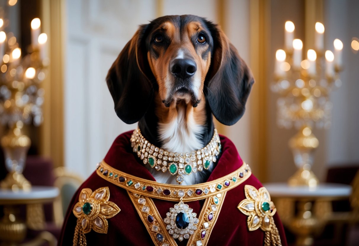 A regal Afghan Hound stands proudly in a luxurious setting, adorned with jewels and surrounded by opulence