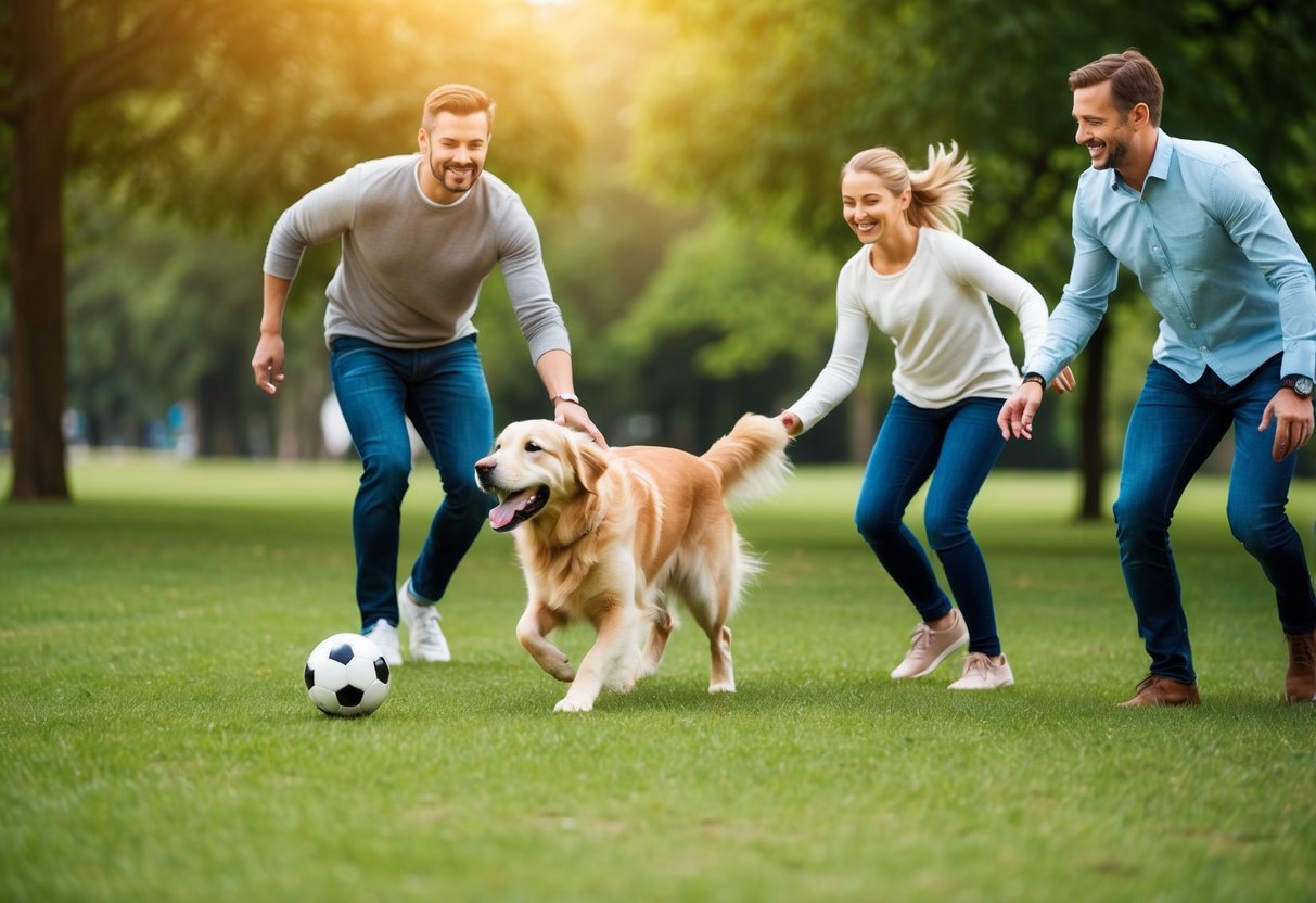 A happy family playing fetch with a playful golden retriever in a green park