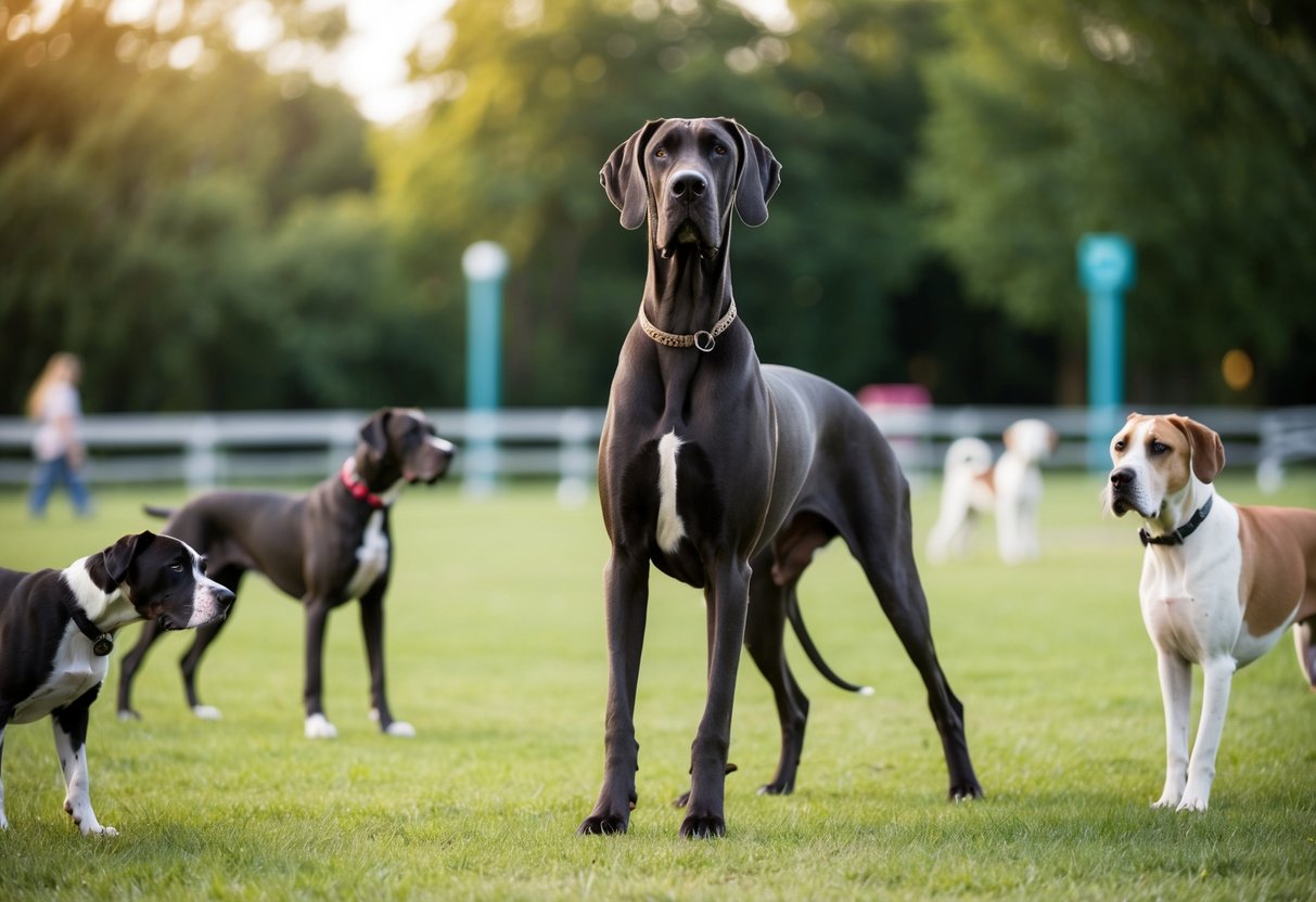 A Great Dane stands tall, towering over other dogs at a dog park