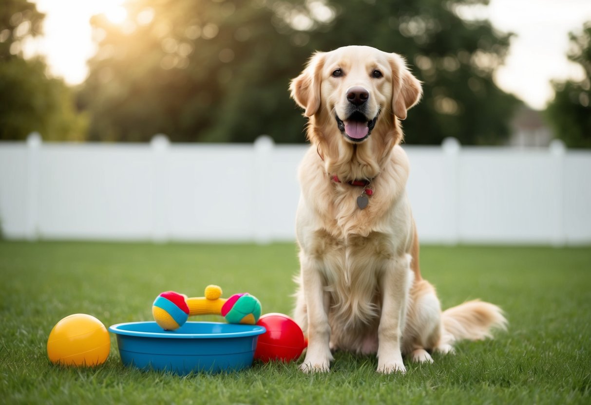 A golden retriever stands proudly with a wagging tail, surrounded by toys and a bowl of water