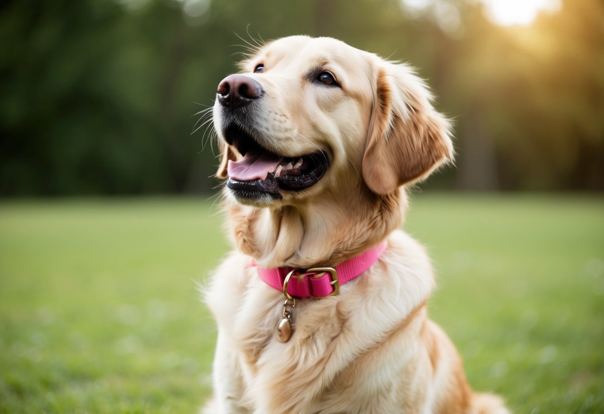 A happy golden retriever with a pink collar looks up, wagging her tail