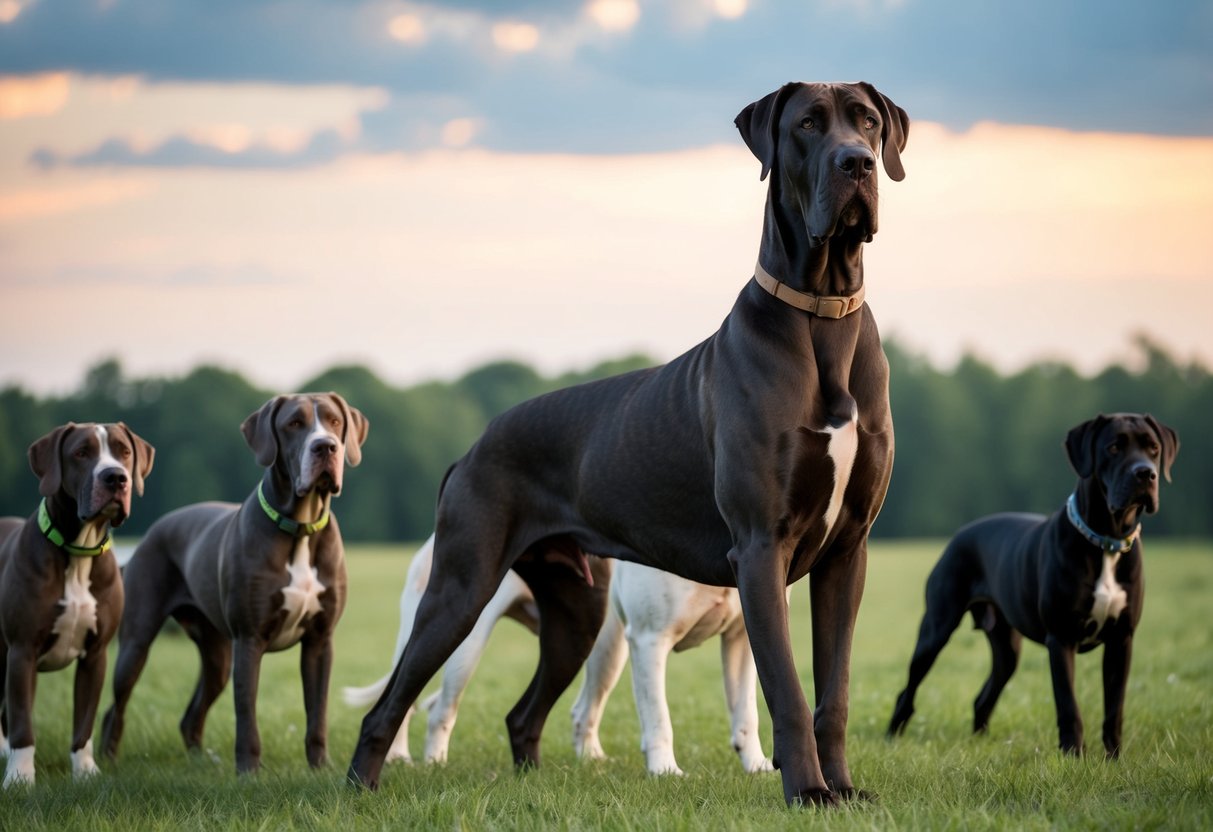 A massive Great Dane stands tall, towering over other dogs, with a gentle expression and powerful build