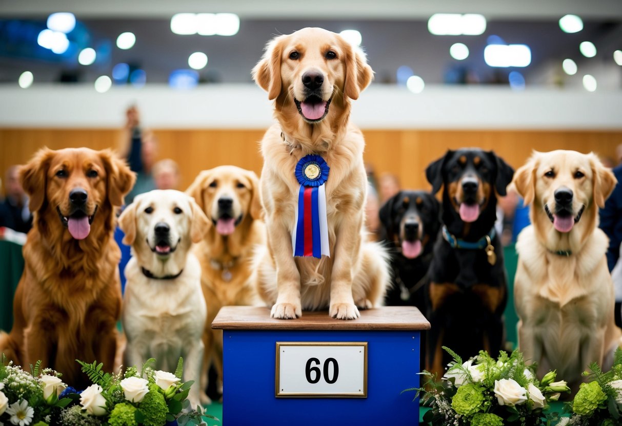 A golden retriever stands proudly on a podium, adorned with a winner's ribbon, while surrounded by other dogs of various breeds