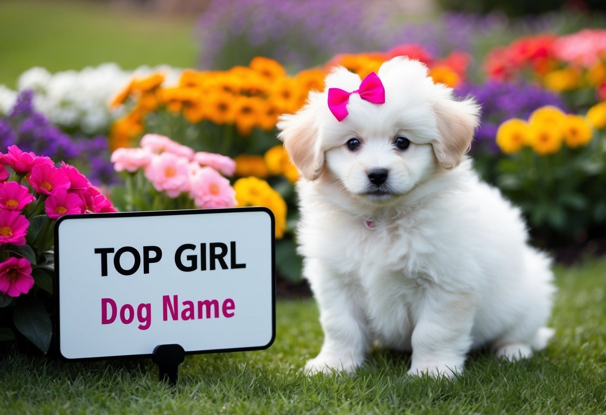 A fluffy white puppy with a pink bow sits next to a sign that reads "Top Girl Dog Name" surrounded by colorful flowers