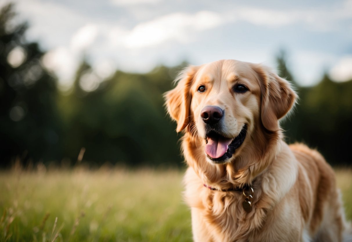 A golden retriever stands proudly with a wagging tail, its friendly eyes and fluffy coat exuding warmth and loyalty