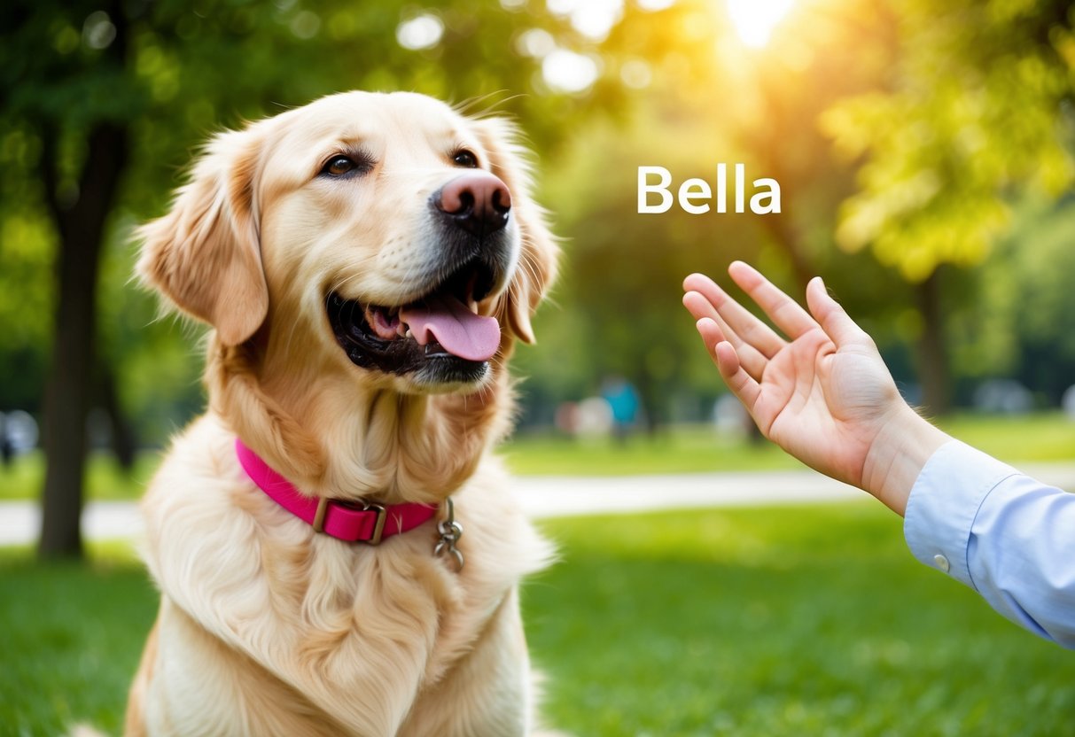 A happy golden retriever with a pink collar responds to the name "Bella" called by her owner in a sunny park