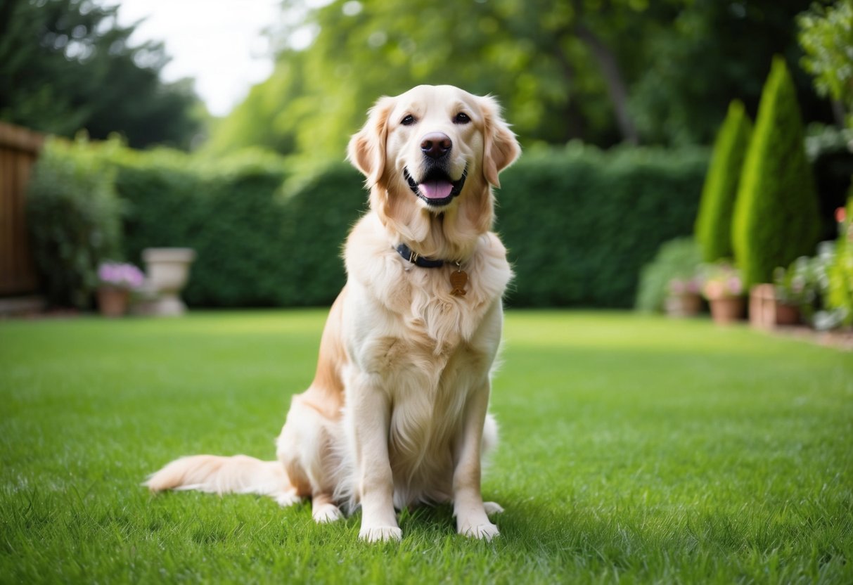 A golden retriever sitting proudly in a lush green backyard, with a wagging tail and a friendly expression