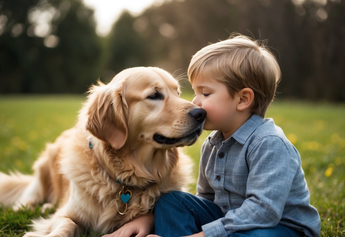 A fluffy golden retriever snuggles up to a child, nuzzling their face with affection