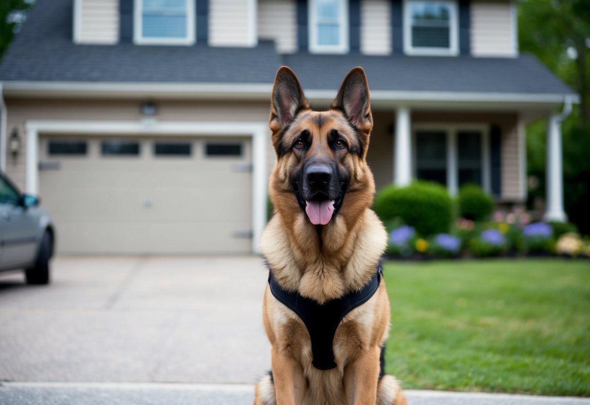 A large, alert German Shepherd stands guard in front of a family home, ears perked and eyes focused, ready to protect