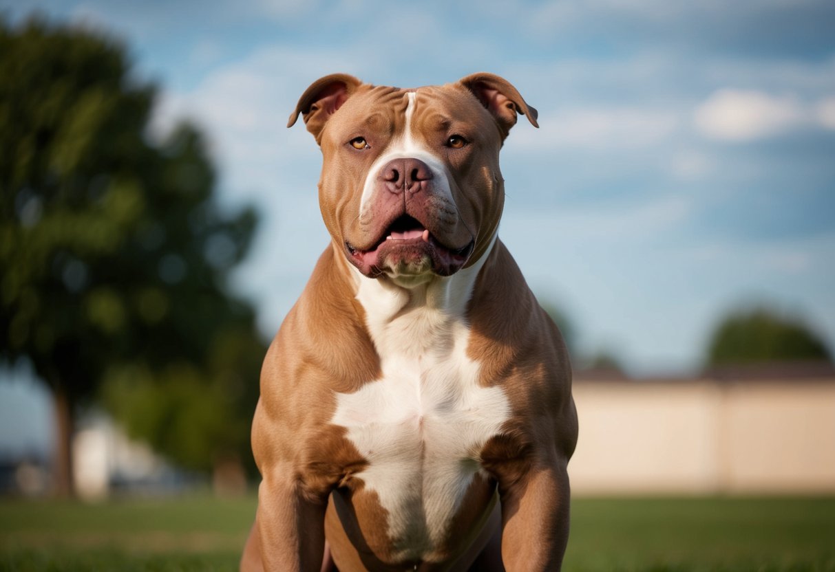 A muscular pit bull stands confidently, chest puffed out and head held high, showcasing its strength and power