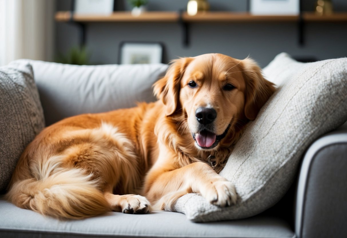 A fluffy golden retriever snuggles close to its owner on a cozy couch, with a contented expression and wagging tail