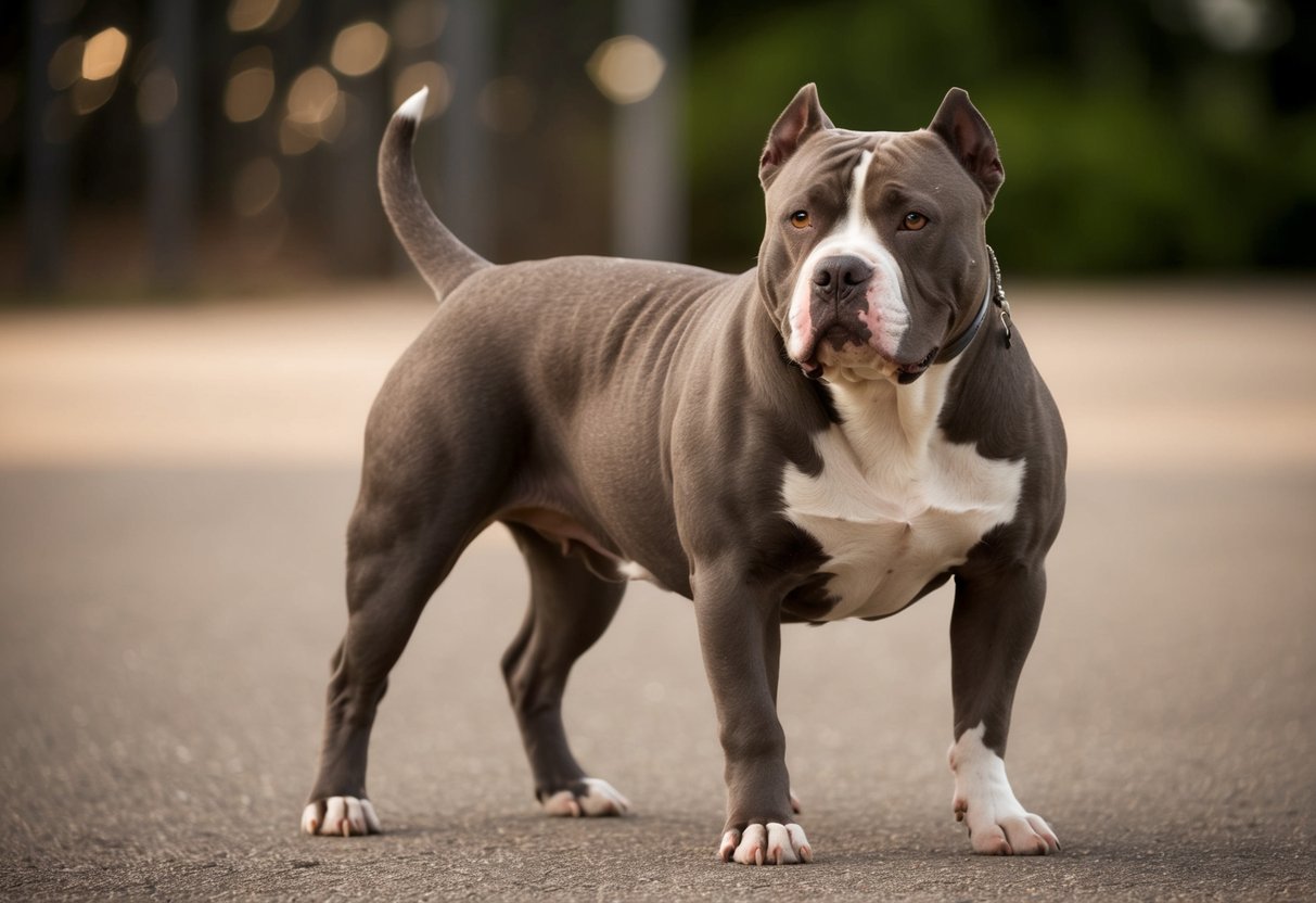 A muscular pit bull stands confidently, showcasing its powerful physique and imposing presence