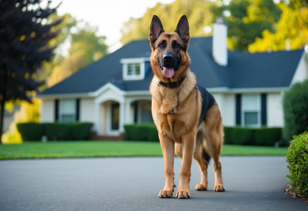 A German Shepherd stands alert, ears perked and tail raised, guarding a family home with a watchful gaze