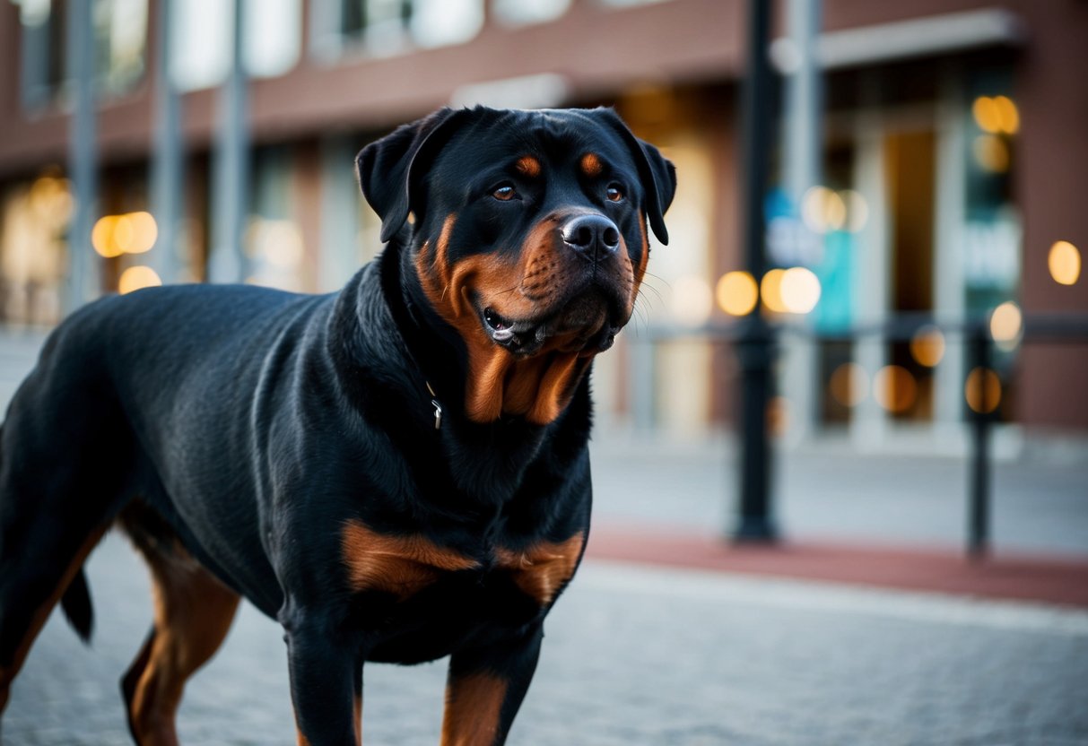 A muscular, confident Rottweiler stands proudly, displaying strength and power, exuding an aura of dominance and authority