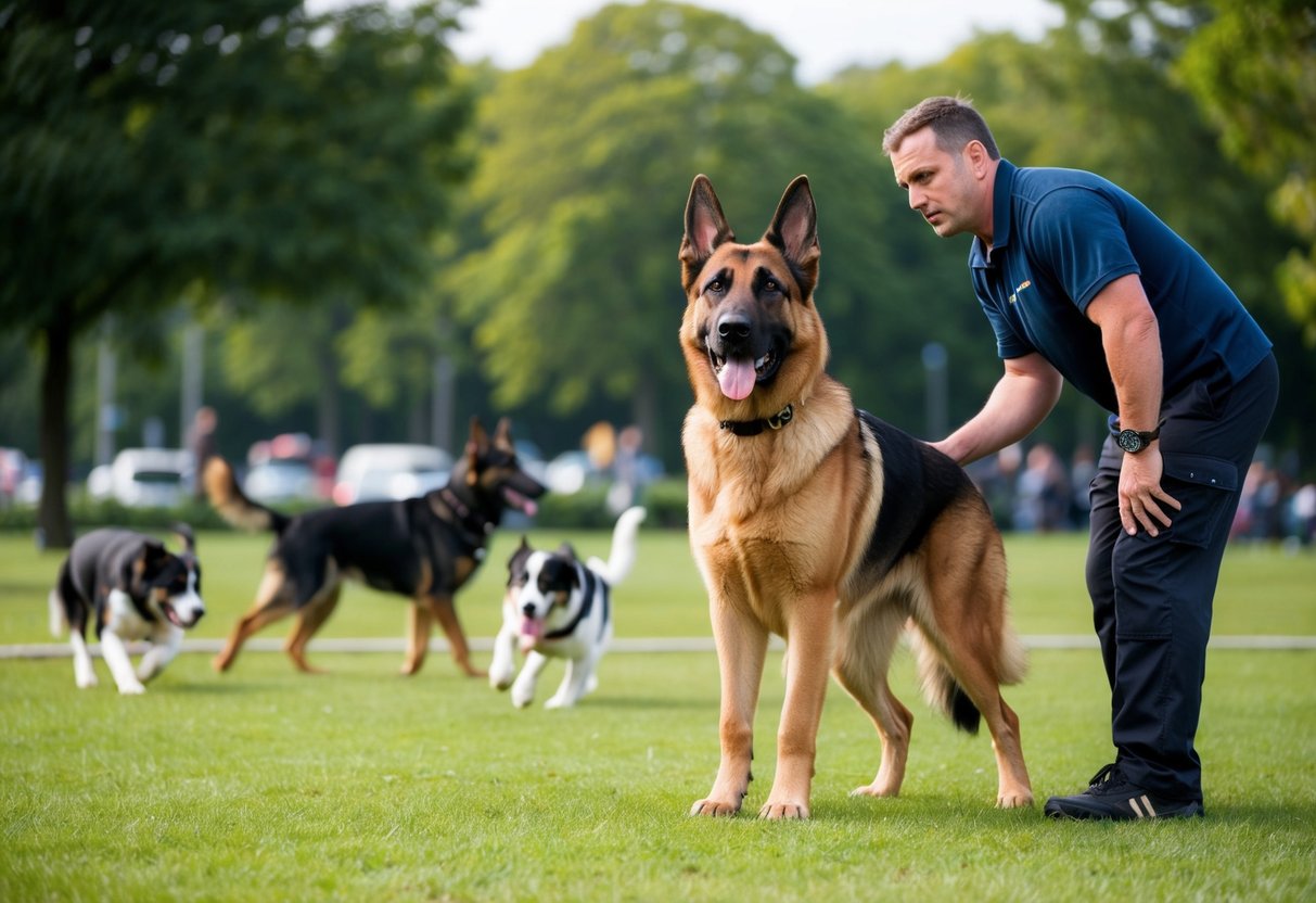 A large, alert German Shepherd stands confidently beside its owner during a training session in a busy park. Other dogs play in the background