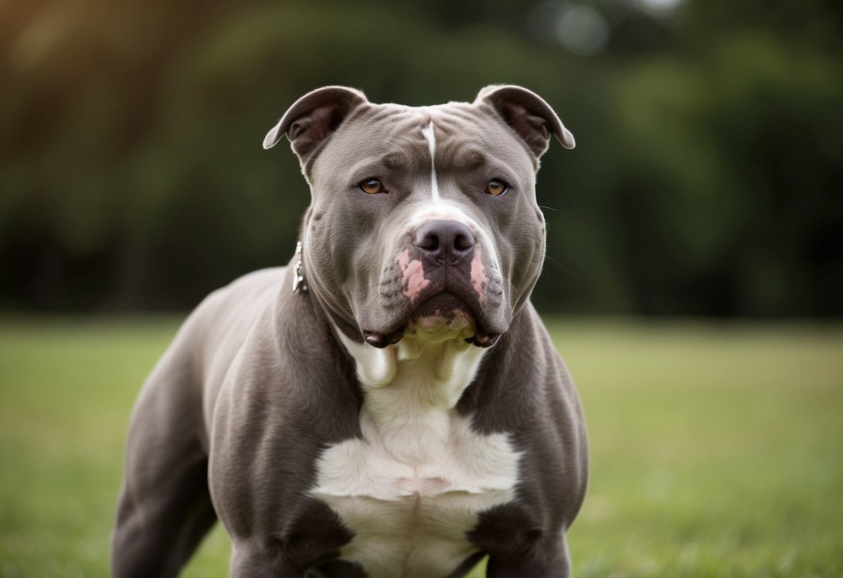 A muscular pit bull stands confidently, with a determined expression, showcasing its strength and temperament