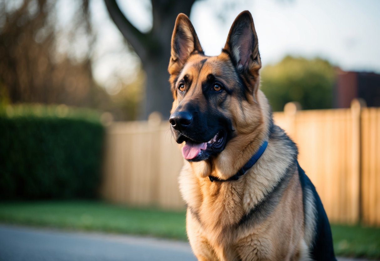 A large, alert German Shepherd stands at attention, ears perked and eyes focused, ready to protect its home and family